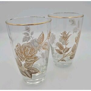 Mid Century Libbey Rose Bouquet Frosted White &‎ Gold Cocktail Glasses Set of 2